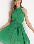 fashion Rochie Mini Plisată Verde cu Curea din Material cu Închidere la Gât Xaliarra