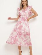 fashion Rochie petrecută roz cu elastic în talie și curea din material cu volane Dimrina