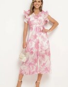 fashion Rochie petrecută roz cu elastic în talie și curea din material cu volane Dimrina