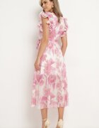 fashion Rochie petrecută roz cu elastic în talie și curea din material cu volane Dimrina