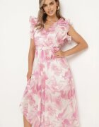 fashion Rochie petrecută roz cu elastic în talie și curea din material cu volane Dimrina