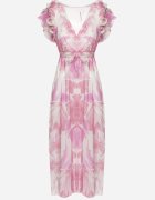 fashion Rochie petrecută roz cu elastic în talie și curea din material cu volane Dimrina
