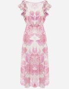fashion Rochie petrecută roz cu elastic în talie și curea din material cu volane Dimrina