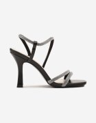 fashion Sandale Negre cu Toc Subțire cu Barete cu Zirconii Canileas