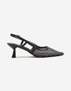 fashion Sandale Negre Tip Plasă cu Toc Stiletto Tip Kitten Decupate La Spate cu Strasuri Marilssa