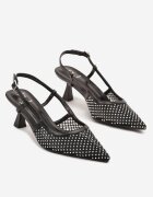 fashion Sandale Negre Tip Plasă cu Toc Stiletto Tip Kitten Decupate La Spate cu Strasuri Marilssa