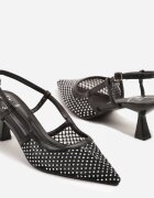 fashion Sandale Negre Tip Plasă cu Toc Stiletto Tip Kitten Decupate La Spate cu Strasuri Marilssa