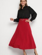 fashion station Fustă Evazată Bordo cu Talie Înaltă Decorată cu Cureaua cu Cataramă Lobir