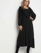 fashion station Rochie Neagră Lungă Evazată cu Volane Decorative Ferellia