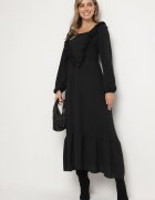 fashion station Rochie Neagră Lungă Evazată cu Volane Decorative Ferellia