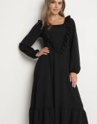 fashion station Rochie Neagră Lungă Evazată cu Volane Decorative Ferellia