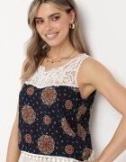 fashion Top Bleumarin-Verde din viscoză fără mâneci cu dantelă și ciucuri Comoria