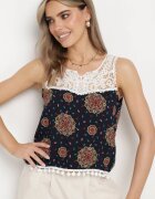 fashion Top Bleumarin-Verde din viscoză fără mâneci cu dantelă și ciucuri Comoria