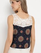 fashion Top Bleumarin-Verde din viscoză fără mâneci cu dantelă și ciucuri Comoria