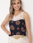 fashion Top Bleumarin-Verde din viscoză fără mâneci cu dantelă și ciucuri Comoria