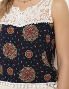 fashion Top Bleumarin-Verde din viscoză fără mâneci cu dantelă și ciucuri Comoria