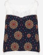 fashion Top Bleumarin-Verde din viscoză fără mâneci cu dantelă și ciucuri Comoria