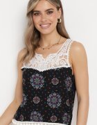 fashion Top fără mâneci Negru-Albastru din viscoză cu dantelă și ciucuri Comoria