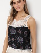 fashion Top fără mâneci Negru-Albastru din viscoză cu dantelă și ciucuri Comoria