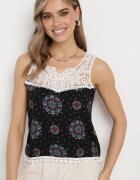 fashion Top fără mâneci Negru-Albastru din viscoză cu dantelă și ciucuri Comoria