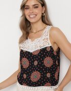 fashion Top Negru-Roz Vâscoză cu dantelă și finisat cu ciucuri Comoria