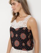 fashion Top Negru-Roz Vâscoză cu dantelă și finisat cu ciucuri Comoria