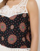 fashion Top Negru-Roz Vâscoză cu dantelă și finisat cu ciucuri Comoria