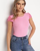fashion Top Roz din tricot reiat cu inserție de dantelă Ravile