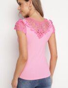 fashion Top Roz din tricot reiat cu inserție de dantelă Ravile