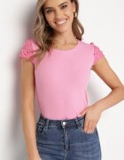 fashion Top Roz din tricot reiat cu inserție de dantelă Ravile