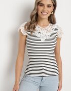 fashion Tricou Alb-Negru din Bumbac cu Dantelă la Decolteu și Mâneci Alilama
