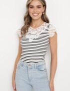 fashion Tricou Alb-Negru din Bumbac cu Dantelă la Decolteu și Mâneci Alilama