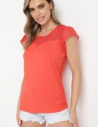 fashion Tricou Bluză Roșu Din bumbac cu Mâneci Transparente și Decolteu Lavinara