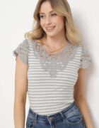 fashion Tricou Gri din bumbac cu dantelă la decolteu și mâneci Alilama