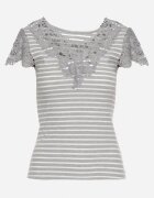 fashion Tricou Gri din bumbac cu dantelă la decolteu și mâneci Alilama
