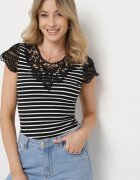 fashion Tricou Negru-Alb din Bumbac cu Dantelă la Decolteu și Mâneci Alilama
