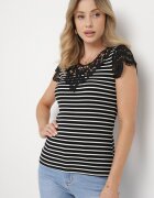 fashion Tricou Negru-Alb din Bumbac cu Dantelă la Decolteu și Mâneci Alilama
