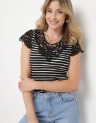 fashion Tricou Negru-Alb din Bumbac cu Dantelă la Decolteu și Mâneci Alilama