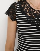 fashion Tricou Negru-Alb din Bumbac cu Dantelă la Decolteu și Mâneci Alilama