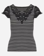 fashion Tricou Negru-Alb din Bumbac cu Dantelă la Decolteu și Mâneci Alilama