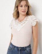 fashion Tricou Roz-Bej din Bumbac cu Dantelă la Decolteu și Mâneci Alilama