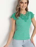 fashion Tricou Verde din Bumbac cu Dantelă la Decolteu și Mâneci Alilama