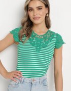 fashion Tricou Verde din Bumbac cu Dantelă la Decolteu și Mâneci Alilama