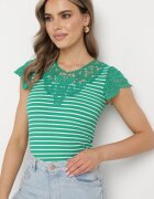 fashion Tricou Verde din Bumbac cu Dantelă la Decolteu și Mâneci Alilama