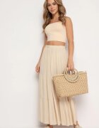  Fustă Bejă Evazată Maxi cu Elastic în Talie și Volane din Viscoză Ramsa