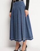  Fustă bleumarin din denim evazată cu curea din piele ecologică Nalier