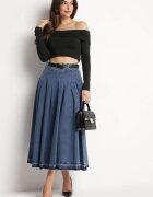  Fustă bleumarin din denim evazată cu curea din piele ecologică Nalier