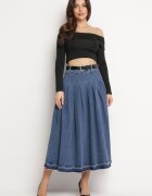  Fustă bleumarin din denim evazată cu curea din piele ecologică Nalier