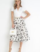  Fustă de tul bej deschis cu model floral din catifea și cu elastic în talie Iyosi