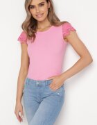 g-dz fashion Bluză Roz Reiată cu Inserții din Dantelă și Paiete Esmalde